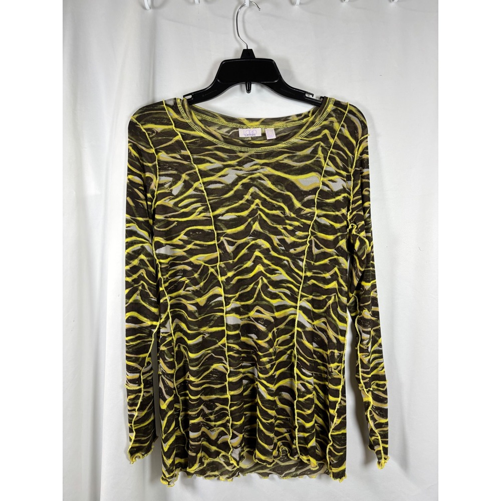 LOGO Layers Sheer Mesh Long Sleeve Top Small Brown Lime Tiger Stripe Mesh Top